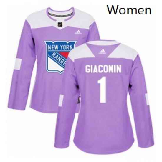 Womens Adidas New York Rangers 1 Eddie Giacomin Authentic Purple Fights Cancer Practice NHL Jersey